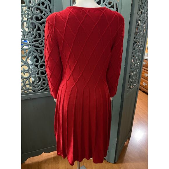 J Howard Red Sweater Dress-Fit and Flare Pleated-Holiday Diamond Pattern Knit-L - Picture 7 of 11